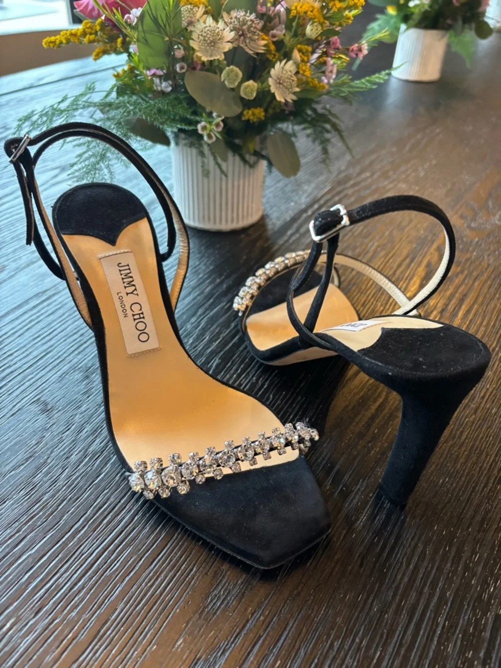 Jimmy Choo Black Suede Crystal-Embellished Ankle-Strap Heels - Picture 2 of 5
